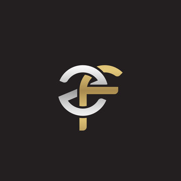Initial lowercase letter zf, linked overlapping circle chain shape logo, silver gold colors on black background