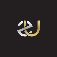 Initial lowercase letter zu, linked overlapping circle chain shape logo, silver gold colors on black background