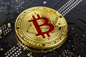 Golden bitcoin on the black background closeup. Cryptocurrency virtual money