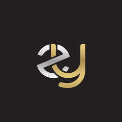 Initial lowercase letter zy, linked overlapping circle chain shape logo, silver gold colors on black background