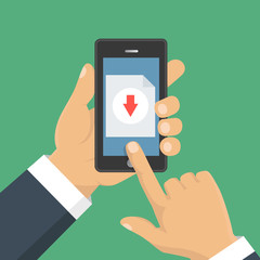 Downloading document, infographics. Flat design. File download concept button on smartphone screen. Hand holds smartphone