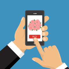 Hand hold smart phone. Application of online flower delivery. Flat vector illustration