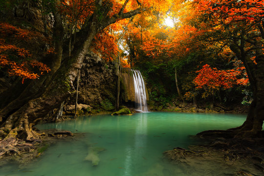 Fototapeta Beautiful autumn Erawan waterfall in deep forest, Kanchanaburi, Thailand.