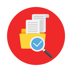 File folder directory and magnifying glass, tick checkmark icon. Search concept. Data and information. Flat design, vector illustration