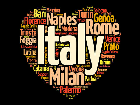 List of cities and towns in Italy composed in love sign heart shape, word cloud collage, business and travel concept background