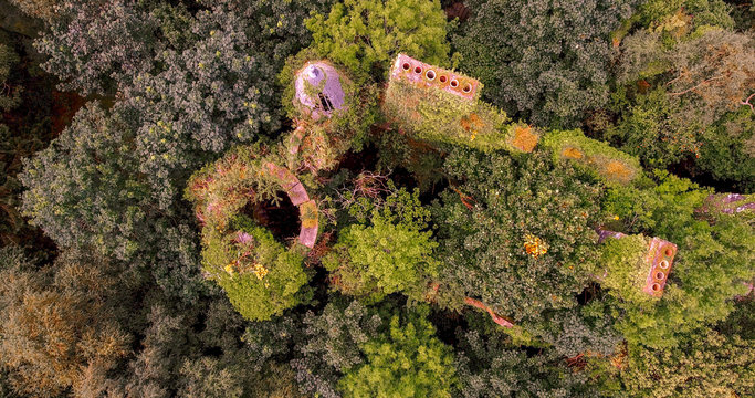 Aerial view of ruined castle with chimneys and turret overgrown with trees