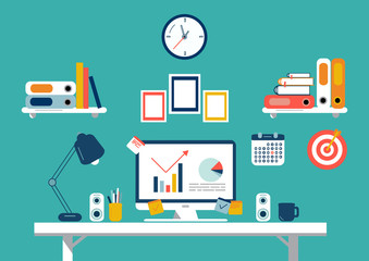 Set of flat design elements, illustration of workspace. Vector