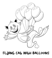 Cartoon Cat, Funny Pet, Smiling and Flying with Bundle of Balloons, Black Contour Illustration Isolated on White Background. Vector