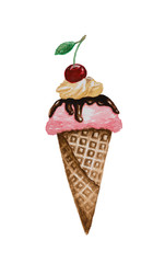 Isolate ice cream in waffle cone with white background. Watercolor illustration.