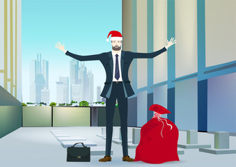 Businessmen in the Santa hat with big red sack of presents in the office interior. Christmas in business, concept illustration