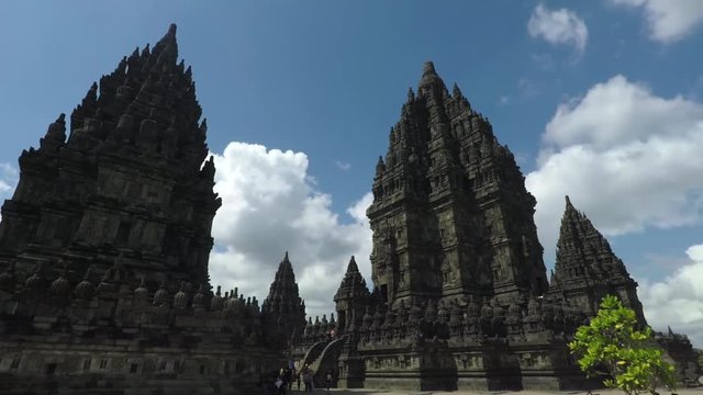 Beautiful left-to-right pan footage of ancient Prambanan Temple architecture in Yogyakarta, Indonesia