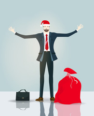 Businessmen with wide open hands in the Santa hat with big red sack of presents. Christmas in business, concept illustration
