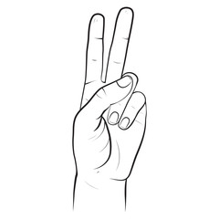 Human hand,  two fingers, fingers showing symbol of a peace, victory. Vector isolated sketch style, hand drawn illustration