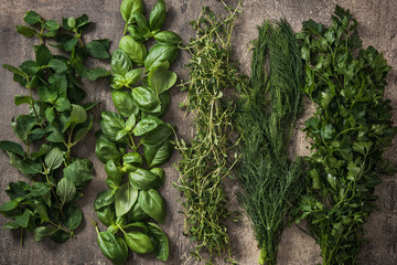 Garden fresh herbs on stone slate