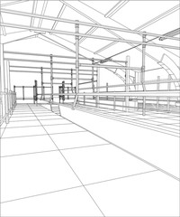 Industrial building constructions. Milk farm. Tracing illustration of 3d.