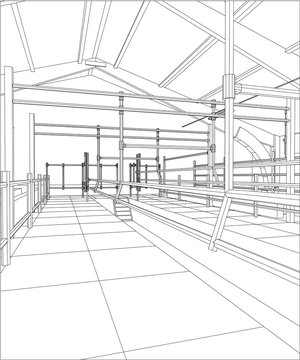 Industrial building constructions indoor. Tracing illustration of 3d.