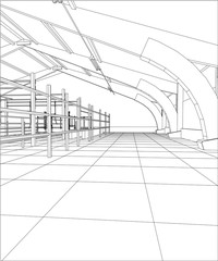 Wire-frame industrial building indoor on the white. Tracing illustration of 3d.