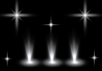 White beam lights set of different shapes and projections gleaming in the darkness banner abstract vector illustration.