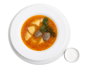 Delicious meat soup with beans.