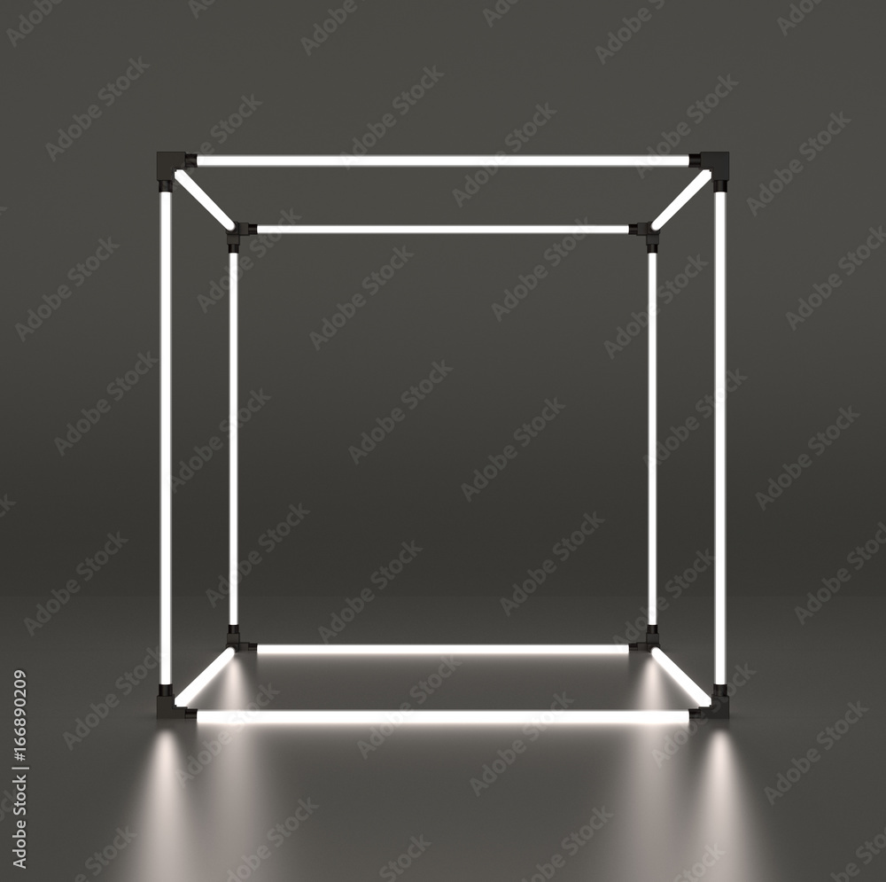 Poster glowing cube showcase on gray background with reflection. 3d rendering.
