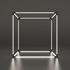 Glowing cube showcase on gray background with reflection. 3d rendering.