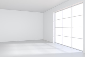 Empty white room with large stained glass windows. 3D rendering.