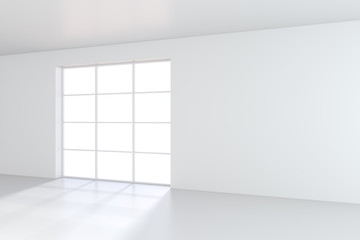 Empty white room with large stained-glass windows. 3D rendering.