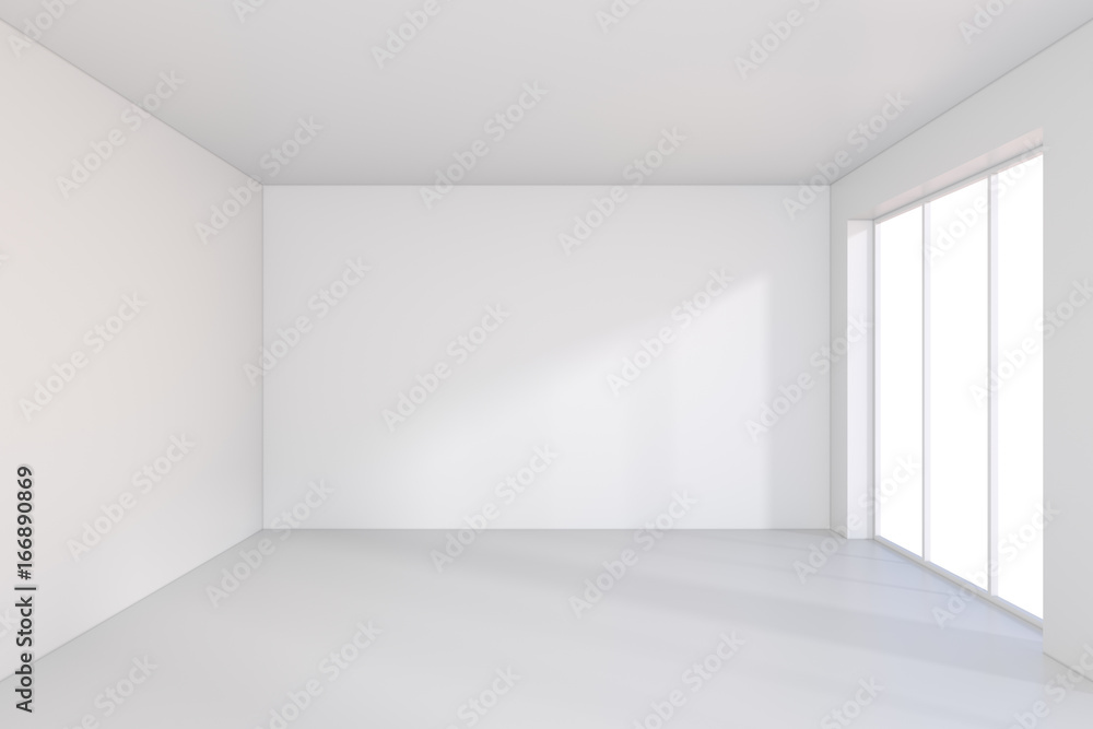 Poster large window in white room with a bright light. 3d rendering.