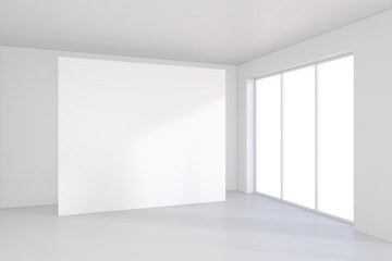 White billboard in an empty office with large windows and beautiful diffused light from the window. 3D rendering.