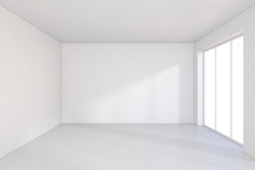 Large window in white room with a bright light. 3D rendering.