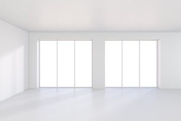Large room with windows and falling light from the window on the wall. 3D rendering.