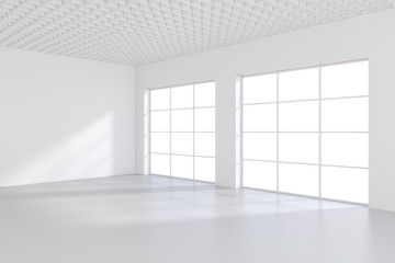 Large office with windows and falling light from the window to the floor. 3D rendering.