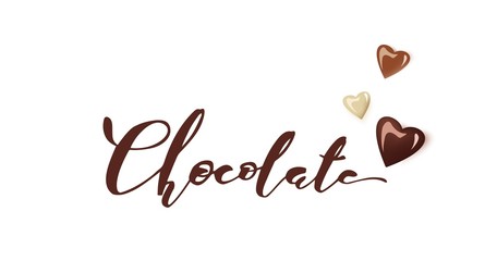 Vector typographic illustration of handwritten word chocolate with glossy chocolate hearts. Modern brush calligraphy. Chocolate logo