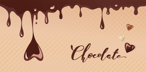 Melted  chocolate heart shaped. Hot chocolate streams dripping isolated on waffle background. Vector illustration