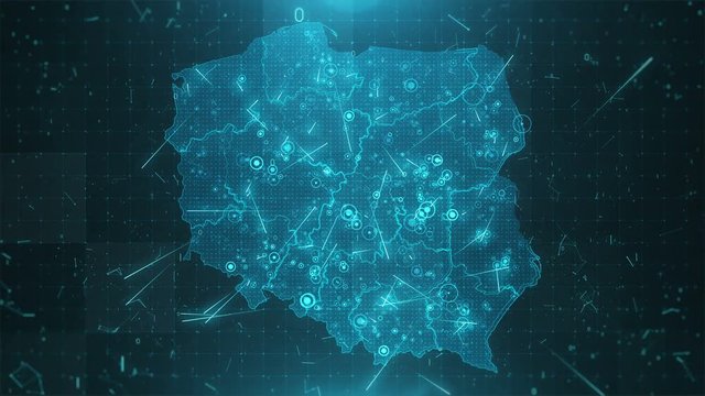 Poland map with an animation camera, glowing round connections in different places and other visual effects. 