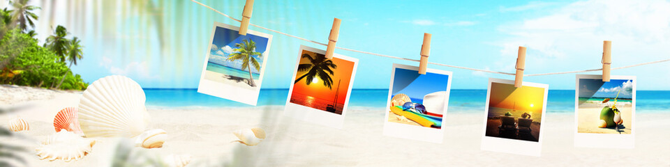 Schöner Strand mit Polaroid Fotos - Urlaub Konzept