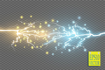 Collision of two forces with gold and blue light. Vector illustration. Hot and cold sparkling power. Energy lightning with electric discharge isolated on transparent background