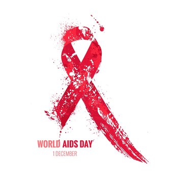 Aids Awareness Ribbon. Watercolor red ribbon, aids awareness symbol, isolated on white. Vector illustration