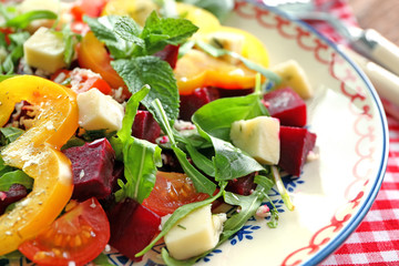 Plate with useful beet salad, close up