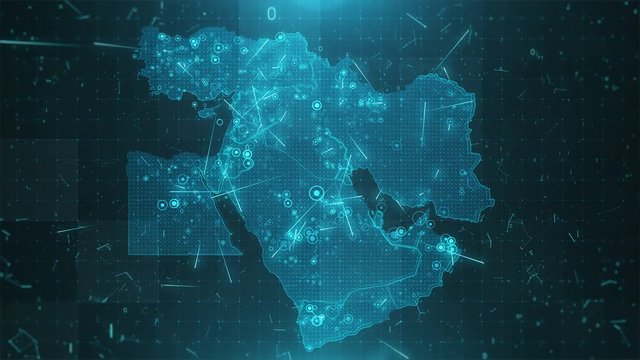 Middle East map with an animation camera, glowing round connections in different places and other visual effects. 