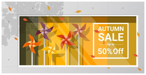Naklejka premium Autumn sale window display with colorful pinwheels background , vector , illustration