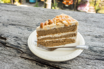close up  coffee cake on wood table