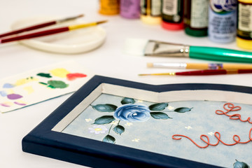 Blue Rose Drawing on Door Plate, Tole and Decorative Painting, American Style Folk Art