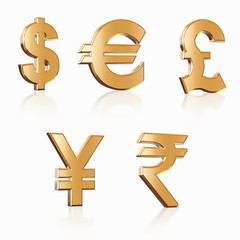 Golden Currency,dollar, euro, yen,pound, rupee, rouble, money symbol with Clipping path, 3d illustration