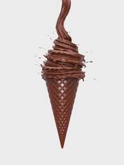 chocolate ice cream cone on white background with clipping path. 3d illustration.