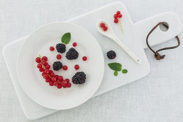Red currant and blueberries on a white marble cutting board