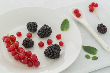 Red currant and blueberries on a white marble cutting board