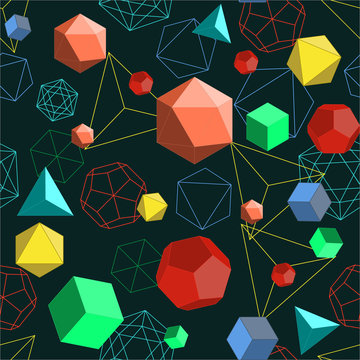 Platonic Solids Shapes And Lines Abstract 3d Geometrical Seamless Pattern.