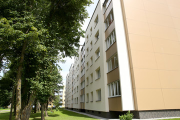Exterior view of  residential block. Apartment building in Lithuania. Block of flat in East Europe.