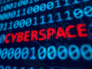 Cyberspace red text between blue binary data background blue screen 3d rendered with depth of field